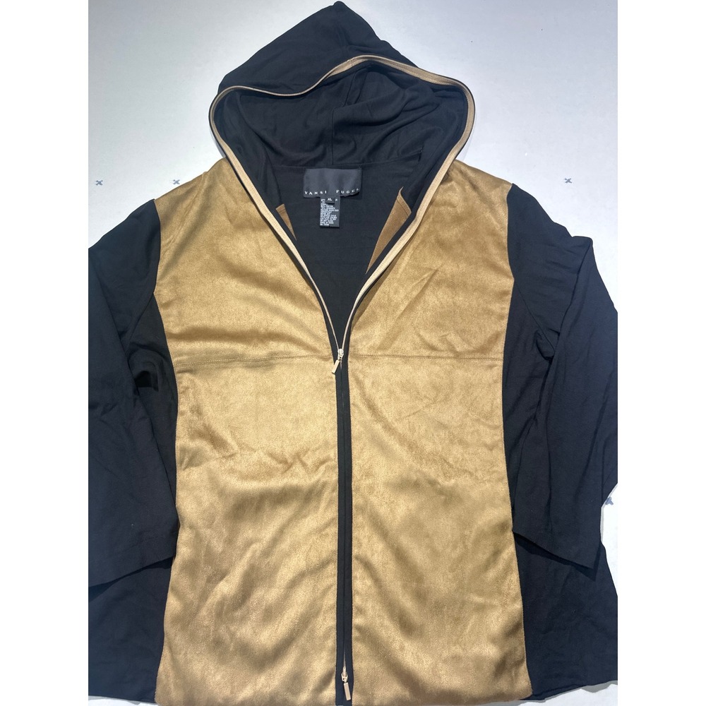 Y2K Yansi Fugel Women XL Gold Faux Suede Black Colorblock Full Zip Hoodie Jacket